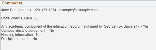 FERPA Comments box shown with specific FERPA release information
