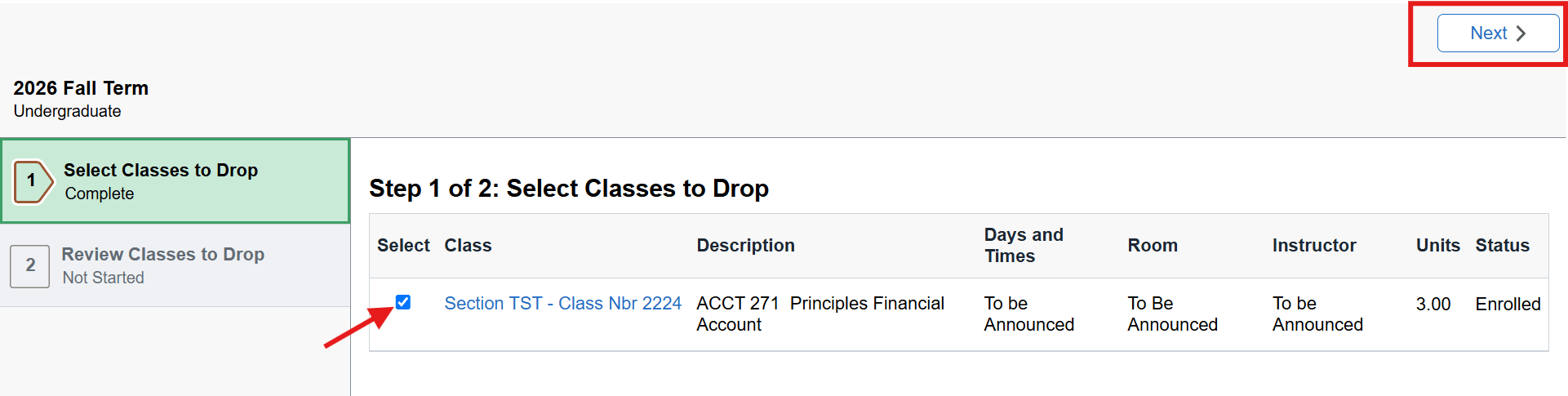 class to drop selected by checking the checkbox to it's left then clicking next