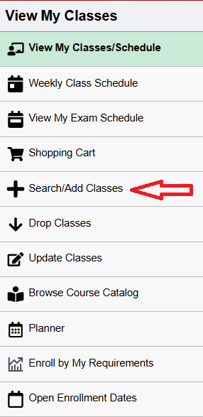 Arrow pointing to item Search/Add Classes in the left hand menu