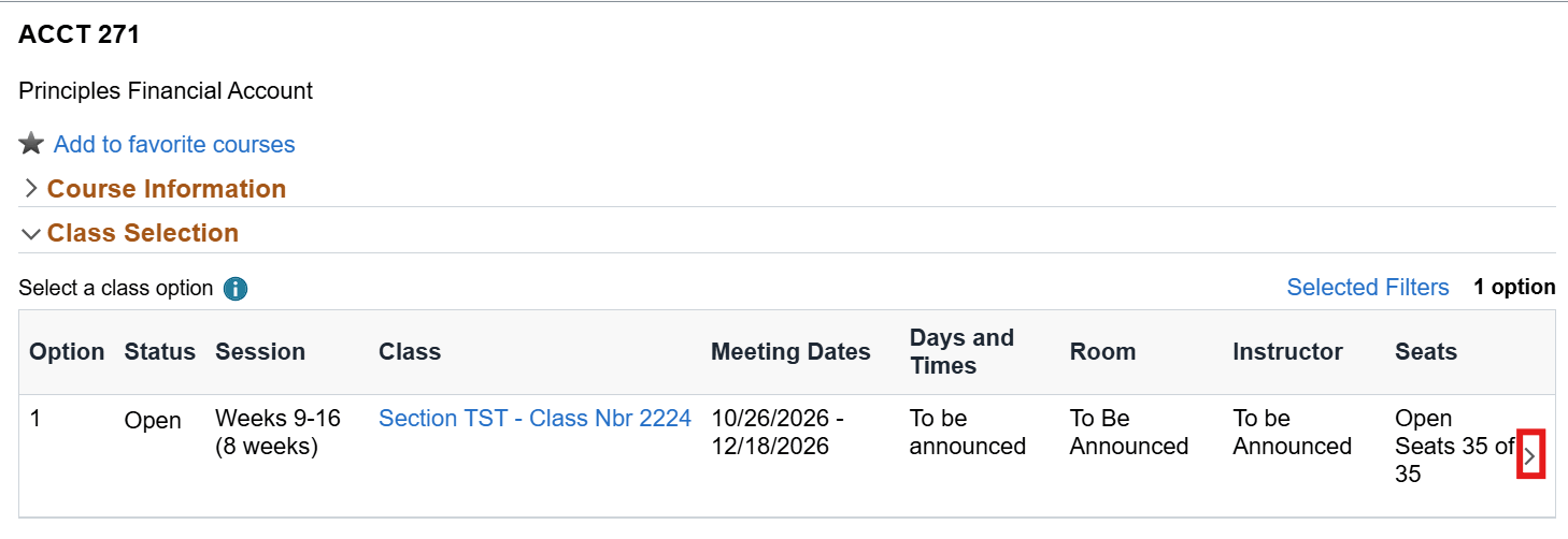 list of available class sections to choose from