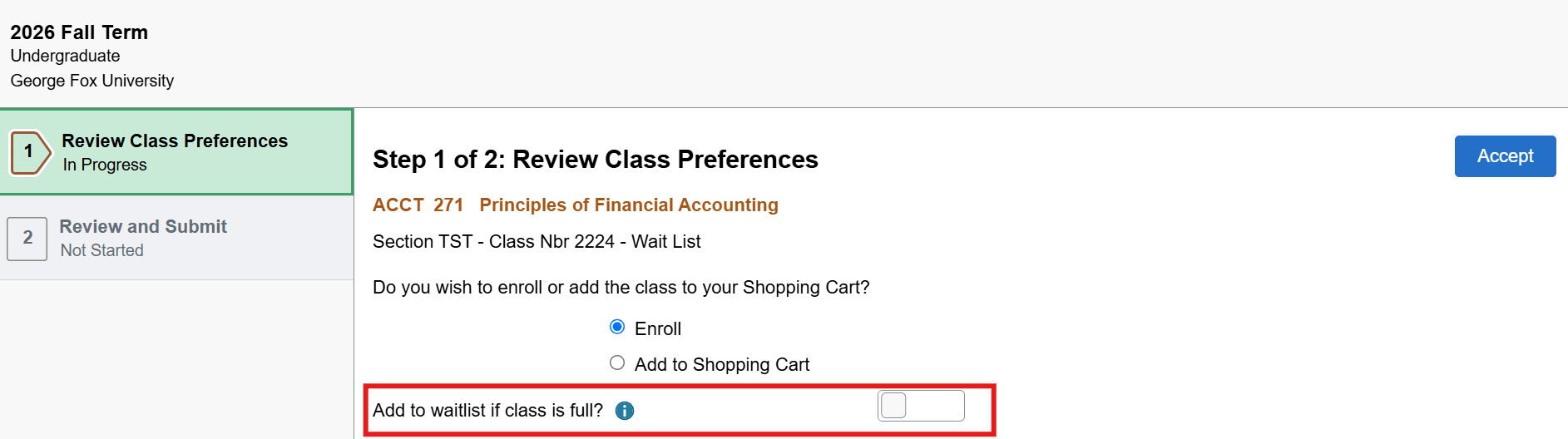 "Add to waitlist if class is full" toggle button option