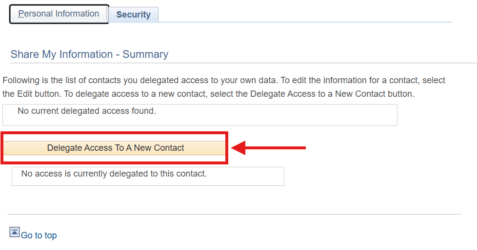 arrow pointing to the Delegate Access to a New Contact button