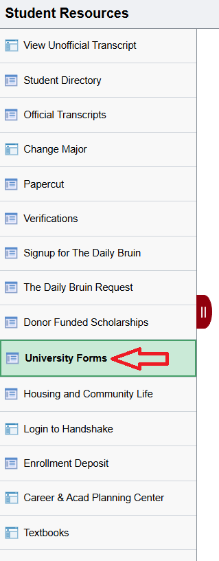 University Forms selected in left hand menu