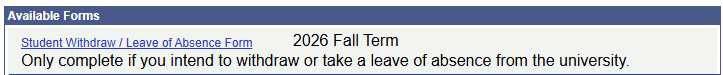 Withdraw/Leave of Absence form listed in university forms list