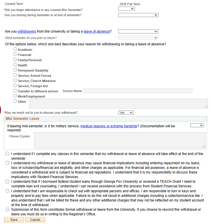 Withdraw/Leave of Absence form