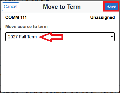 List of terms to select from and save button highlighted in top right corner