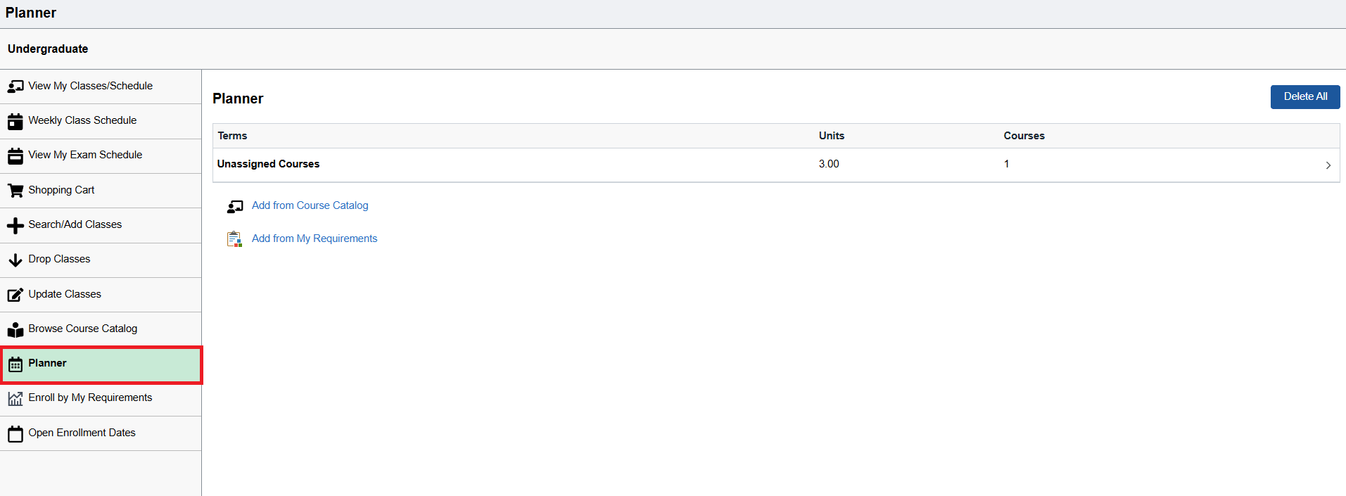 Planner highlighted in left hand menu of Manage Classes tile