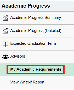 Academic Requirements option highlighted in left hand menu