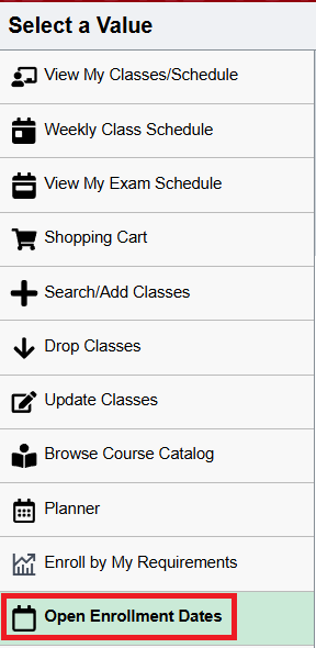 Open Enrollment Dates highlighted in left hand menu