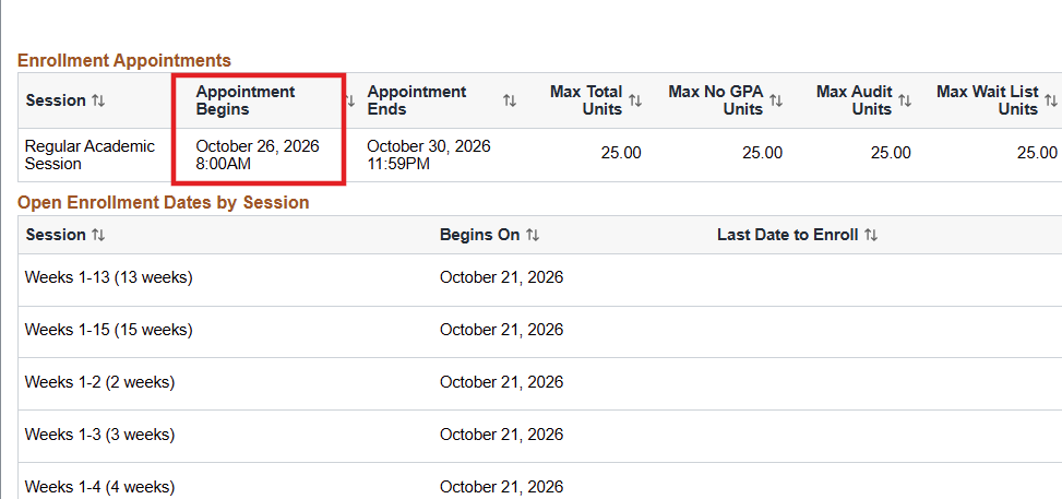 open enrollment appointment time highlighted