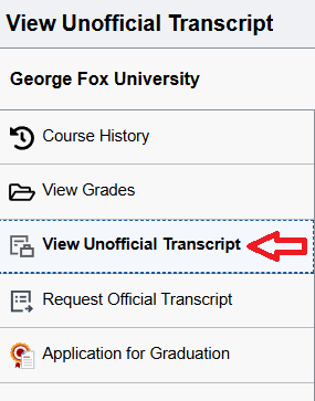 view unofficial transcript option selected in left hand menu
