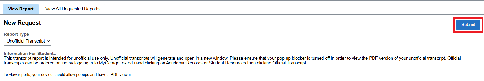 view report page with submit button highlighted in upper right corner