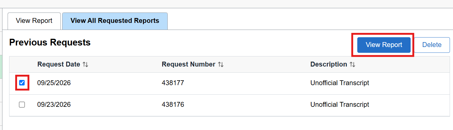 previous unofficial transcript selected and view report button highlighted