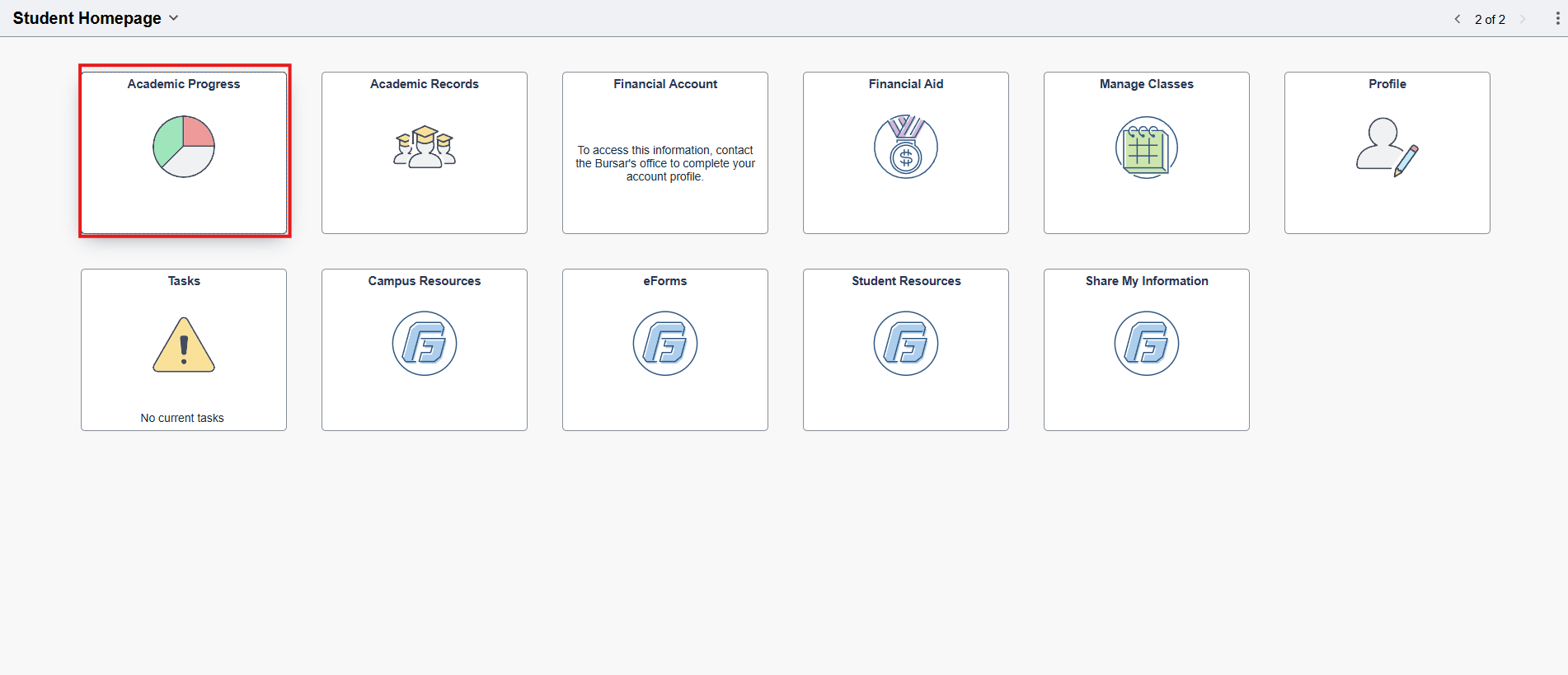 MyGeorgeFox Student Homepage with Academic Progress tile highlighted