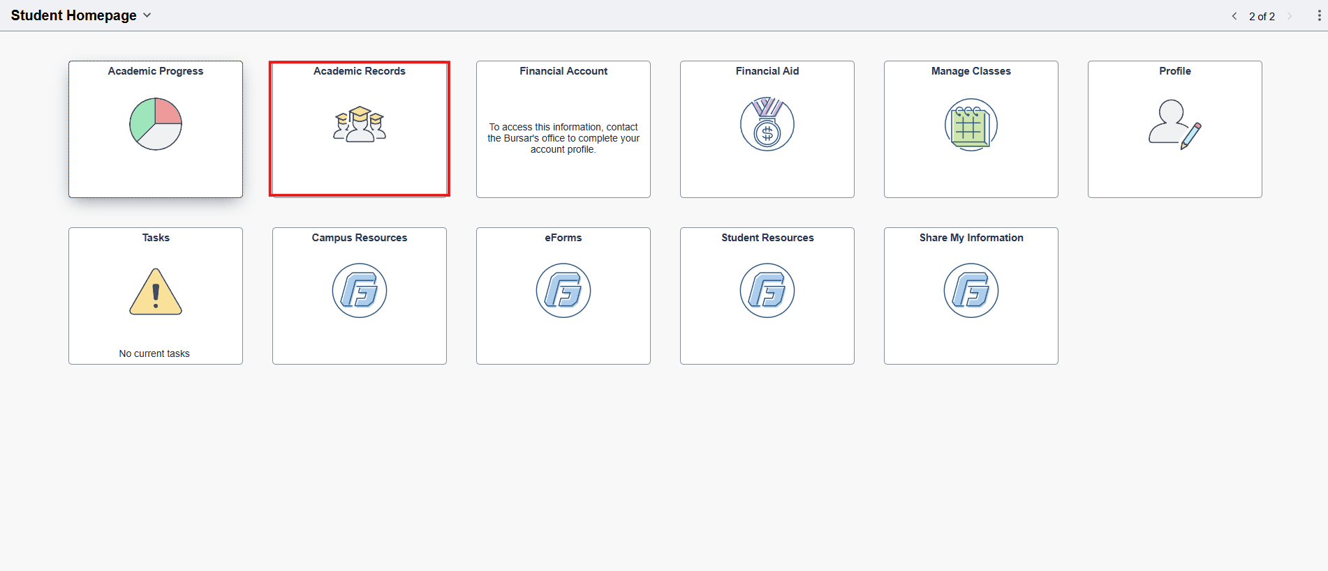 myGeorgeFox Student Homepage with Academic Records tile highlighted