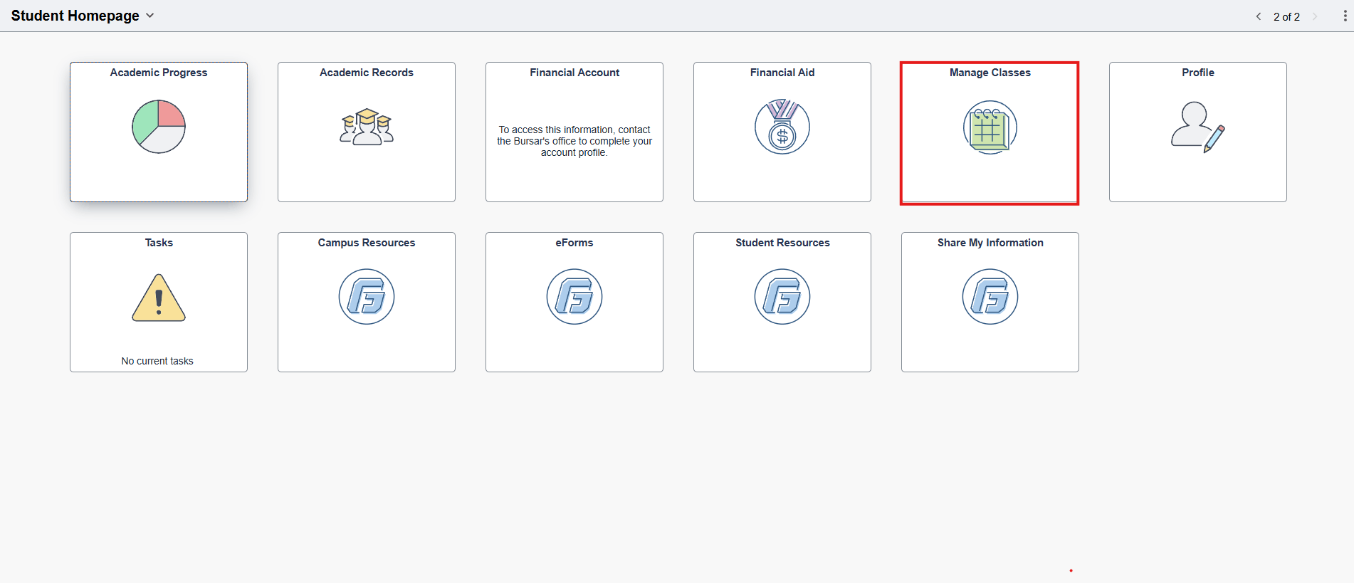 myGeorgeFox Student Homepage with Manage Classes Tile highlighted