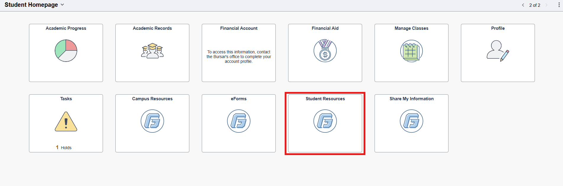 myGeorgeFox Student Homepage with Student Resources tile highlighted