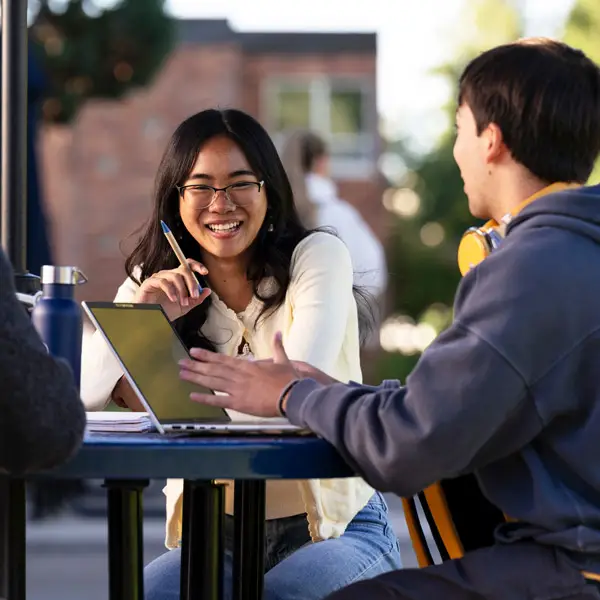 A group of happy students sit at picnic tables on laptops