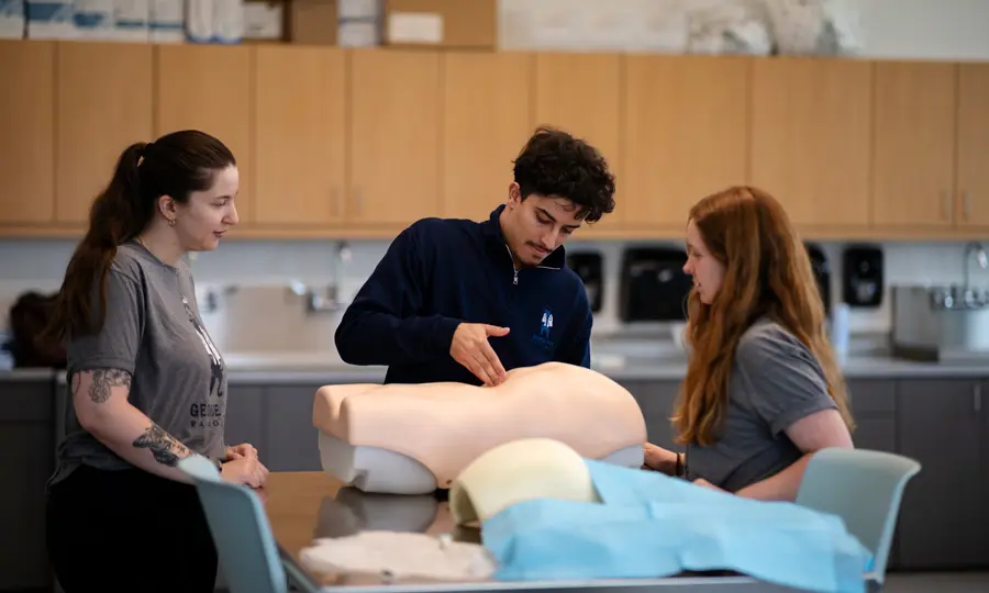 3 George Fox PA students collaborate on a patient simulator during class