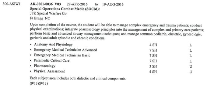 Example of Joint Services (Navy, Army, Marine, Coast Guard) Transcript (for Anatomy and Physiology)